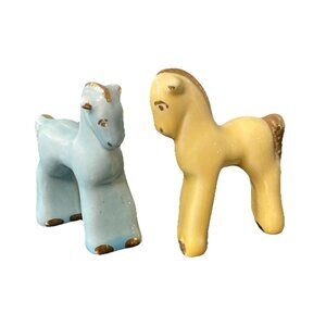 Vintage Ceramic 3” Pony Figurines Pair – Mid-Century Blue & Yellow Gold Accents
